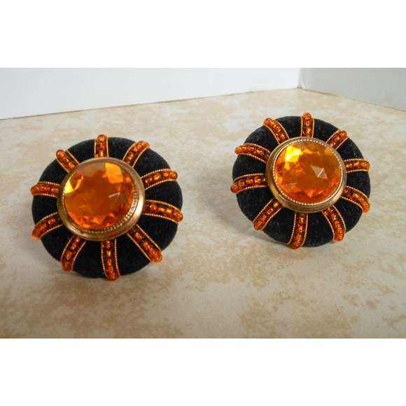 Vintage Black Velvet Clip On Earrings , Large Pink Rhinestone - Picture 4 of 7